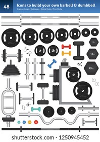 Build your own barbell & dumbbell gym icons. All vector objects are isolated, grouped and easy to customize.