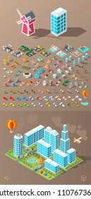 Build Your Own City . Set of Isolated Minimal City Vector Elements on Dark Background