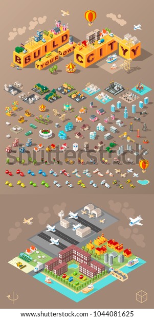 Build Your Own City . Set of Isolated\
Minimal City Vector Elements on Dark\
Background