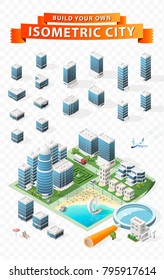 Build Your Own Isometric City on Transparent Background . Vector Elements