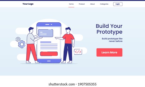 build your prototype people build wireframe on smartphone campaign web website home homepage landingpage banner template flyer with outline style