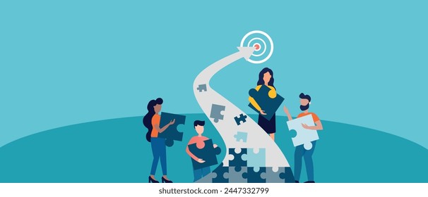 Build your way to success. Putting together a puzzle of a success. People standing around the rising arrow putting together the arrow puzzle. Vector illustration