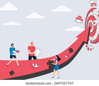 Build your way to success. Putting together a puzzle of a success. People standing around the rising arrow putting together the arrow puzzle. Vector illustration