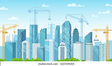 Builded city. City under construction, building foundations and construction cranes build buildings cartoon vector illustration. Urban development. Panoramic street view with modern skyscrapers.