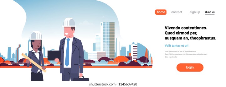 Builder architect couple discussing mix race team business man woman building helmet city building cityscape background flat portrait horizontal banner copy space vector illustration