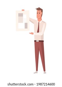 Builder or architect. Professional character. Male engineer or worker isolated on white background. Project presentation