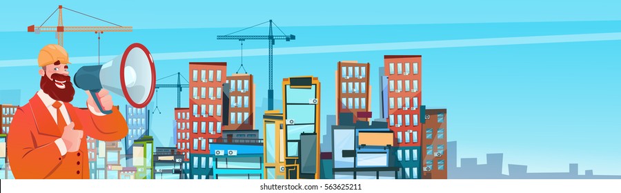 Builder Architect Workers Boss Hold Megaphone Loudspeaker City Building Background Flat Vector Illustration