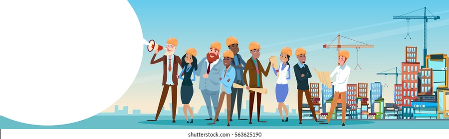 Builder Architect Workers Team Boss Hold Megaphone Loudspeaker City Building Background Flat Vector Illustration