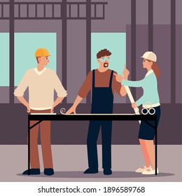 constructor y arquitectos con planos sobre la mesa en el proyecto de construcción lugar ilustración vectorial