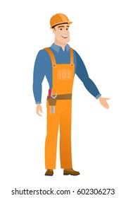 Builder with arm out in a welcoming gesture. Full length of welcoming young caucasian builder. Builder doing a welcome gesture. Vector flat design illustration isolated on white background.