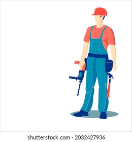 
Builder, assembler, carpenter. Dressed in a blue jumpsuit and a red T-shirt. Helmet on the head. Just drilled a hole in the concrete. Holds a puncher in his hand. Looking away.