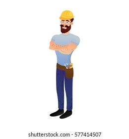 Builder with a beard in a helmet on a light background. Cartoon style. Vector illustration.