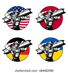 The builder bears the rail on the background of the flag, America, Japan, Germany, Ukraine. Logo color. Construction Steel Worker. Flat style vector illustration clipart.