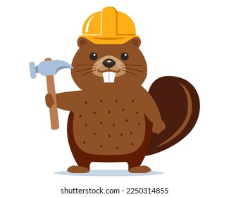 builder beaver in a hard hat and with a hammer builds a dam. flat vector illustration.