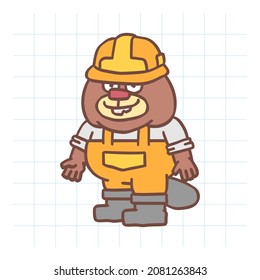 Builder beaver in hard hat standing and smiling. Hand drawn character. Vector Illustration