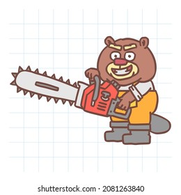 Builder beaver holding chainsaw and smiles madly. Hand drawn character. Vector Illustration