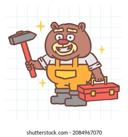 Builder beaver holding hammer holding tool case and smiling. Hand drawn character. Vector Illustration