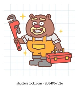 Builder beaver holding pipe wrench holding tool case and smiling. Hand drawn character. Vector Illustration