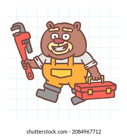Builder beaver holding pipe wrench holding tool case and walks. Hand drawn character. Vector Illustration