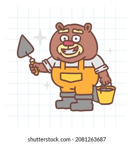 Builder beaver holds trowel and bucket with cement. Hand drawn character. Vector Illustration