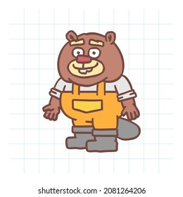 Builder beaver standing and smiling. Hand drawn character. Vector Illustration