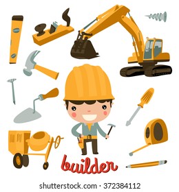 Builder Boy. Carpenter Kid. Builder Tools Set.