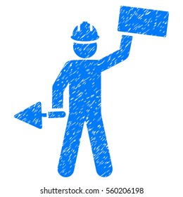 Builder With Brick grainy textured icon for overlay watermark stamps. Flat symbol with dirty texture. Dotted vector blue ink rubber seal stamp with grunge design on a white background.