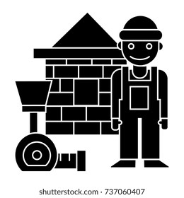 builder - brick house - meter icon, vector illustration, black sign on isolated background