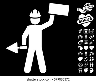 Builder With Brick icon with bonus valentine images. Vector illustration style is flat iconic white symbols on black background.