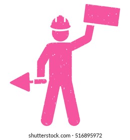 Builder With Brick rubber seal stamp watermark. Icon vector symbol with grunge design and corrosion texture. Scratched pink ink sticker on a white background.