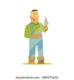 Builder With Brick And Trowel On Construction Site. Graphic Design Cool Geometric Style Isolated Character On White Background