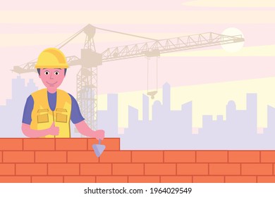 Builder. Brick wall. The builder lays down bricks. Modern vector illustration