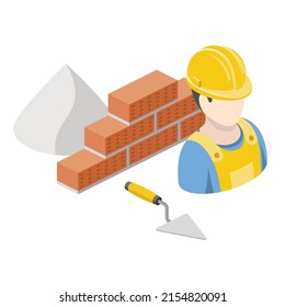 Builder, brick wall, spatula, cement. Vector 3d line isometric, color web icons, new flat style. Creative design idea for infographics.