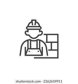 Generador, icono de línea de capa de ladrillo. Señal de estilo lineal de pared de hombre y ladrillo para concepto móvil y diseño web. Icono de vector de contorno de trabajador de construcción. Símbolo, ilustración del logotipo. Gráficos vectoriales