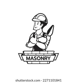 Símbolo del icono del logotipo de la capa de ladrillo Builder imagen aislada estilo caricatura de masonería personaje masculino sobre ilustración vectorial de fondo blanco