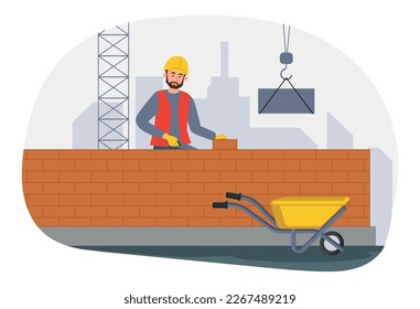 Constructor con ladrillos. Hombre en casco de construcción construye casa. Trabajador en el lugar de trabajo revisando el ladrillo. Arquitectura urbana. Concepto de construcción y renovación. Dibujo vectorial plano de dibujos animados