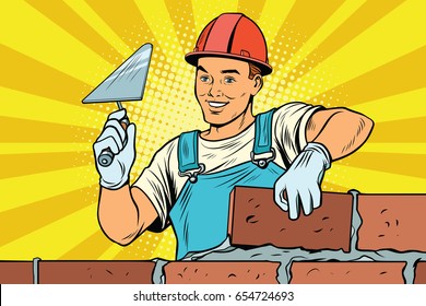 Builder brickwork. Construction and repair. Pop art retro vector illustration