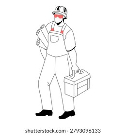 Builder With Building Equipment And Plan Vector. Builder Man Wearing Uniform And Protection Hat Holding Tool Box And Build Documentation Draft. Characters Foremen Flat Cartoon Illustration
