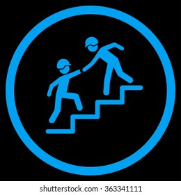Builder Business Help vector icon. Style is flat circled symbol, blue color, rounded angles, black background.
