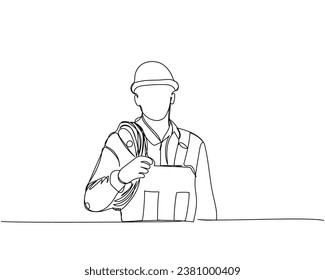 Builder with cable, hose in work uniform, protective overalls, hard hat, electrician one line art. Continuous line drawing of repair, professional, hand, people, concept, support, maintenance.