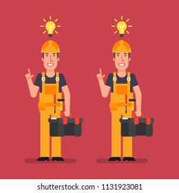 Builder came up with idea holding suitcase and smiling. Vector Illustration.