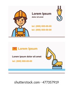 Builder Card with builder icon, crane and excavator. Vector illustration.