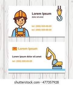 Builder Card with builder icon, crane and excavator. Vector illustration.