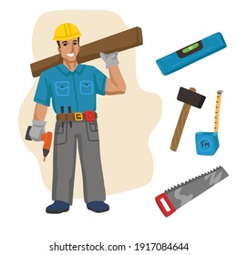 Builder carpenter, construction tools . Professions, character and items for his work. Development of children's education. Education game. Exercise for preschoolers.Vector flat cartoon illustration.