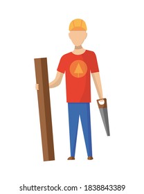 Builder. Carpenter. Construction worker with professional equipment during building activity. Vector illustration. Professional construction worker character