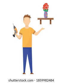 Builder. Carpenter. Construction worker with professional equipment during building activity. Vector illustration. Professional construction worker character