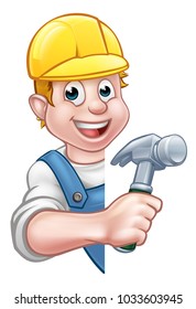 A builder or carpenter contractor cartoon character holding a hammer hand tool and peeking around from behind a sign