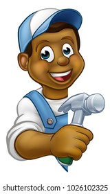 A builder or carpenter contractor holding a hammer hand tool and peeking around from behind a sign