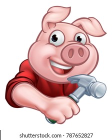 A builder or carpenter pig cartoon character holding a hammer. Could be the one of three little pigs who built his house of wood