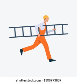Builder carrying ladder flat icon. Worker, helmet, uniform, step. Labor concept. Can be used for topics like housekeeping, home repair